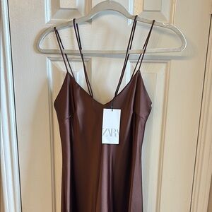 Zara Chocolate Satin Dress with Spaghetti Straps